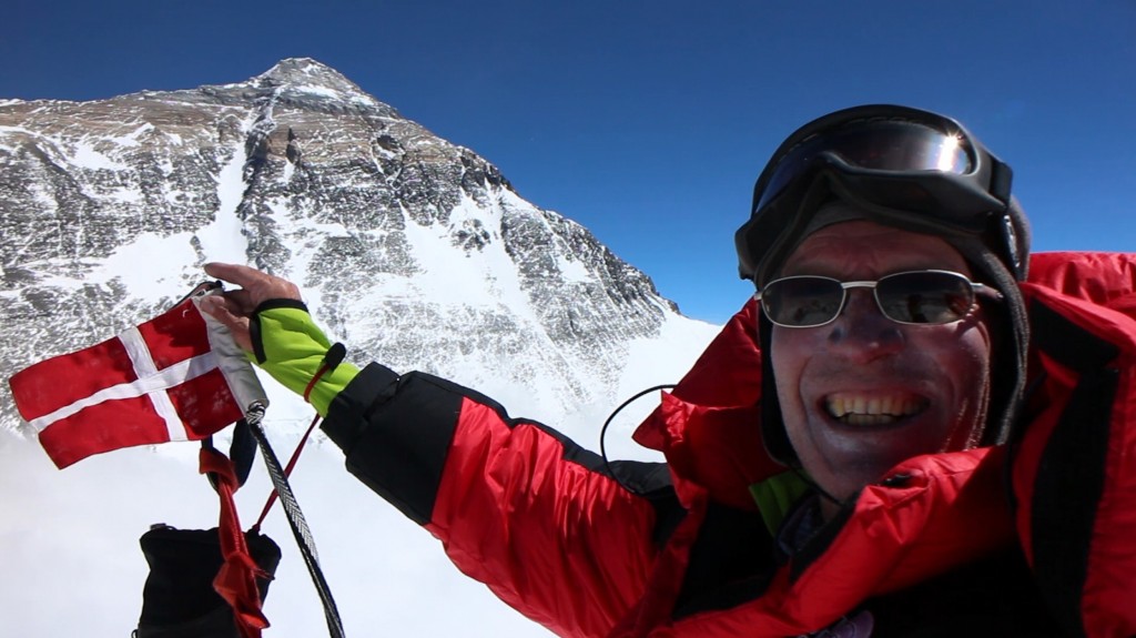 Bo on the summit of Changtse with Everest in the background