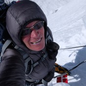 Bo in the steepest part of the climb between camp 1 and 2, Cho Oyu fall 2014, carrying Osprey Pack Aether 70, picture taken with Fujifilm XQ1